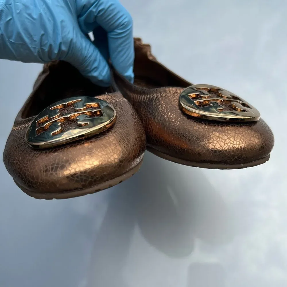 Tory Burch Reva Bonze Metallica Ballet Flat Shoes Size 8